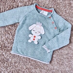 Lil Pixies I Kids Teal Bunny Applique Sweater I Size 2T I Silver, Coral Trim